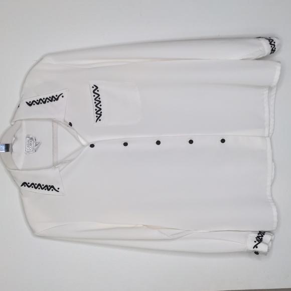 Vintage 80s 90s black & white button up blouse w embroidery detail sz 10 - Picture 1 of 6